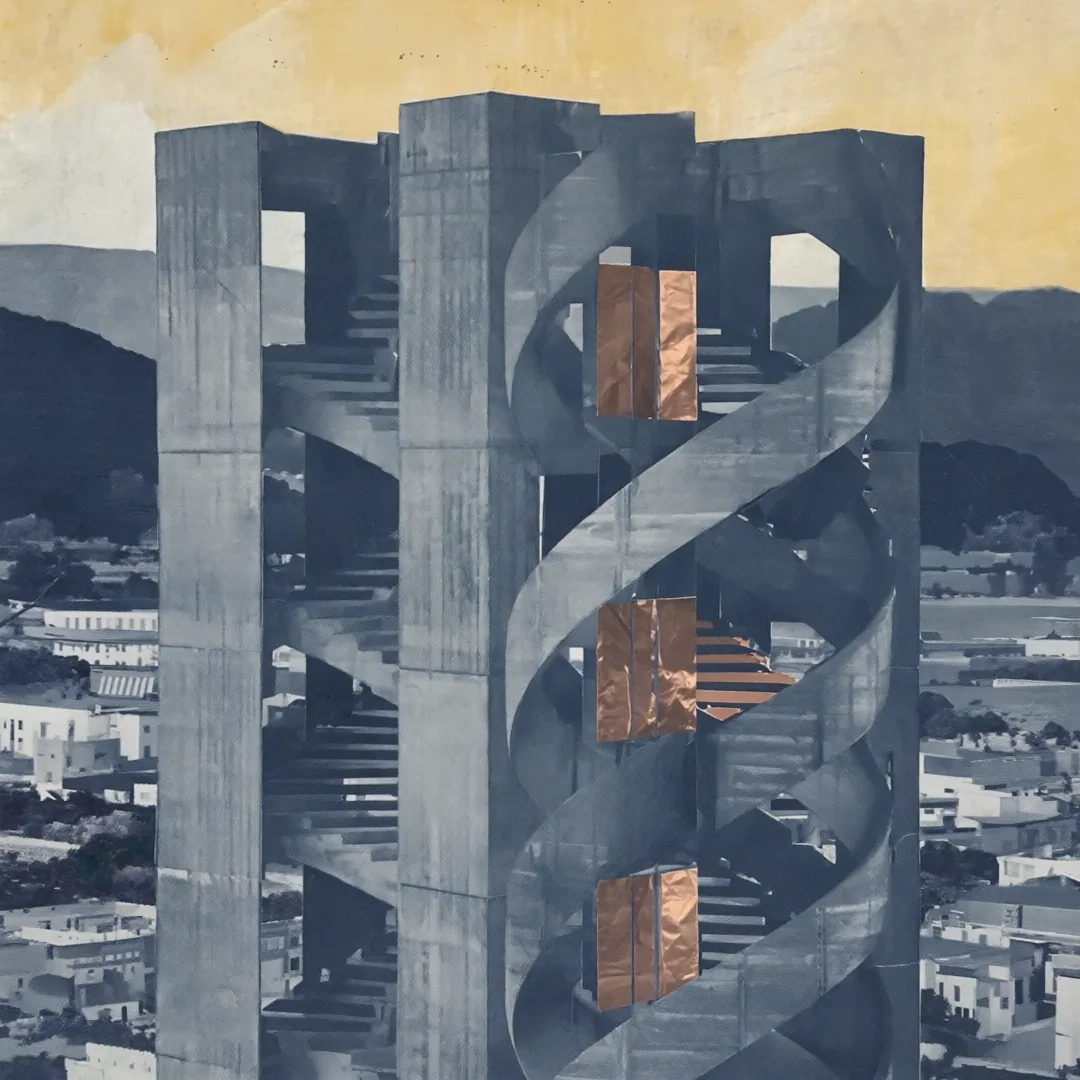 Concrete overpass architecture with a helix-shaped ribbon weaving between the structures