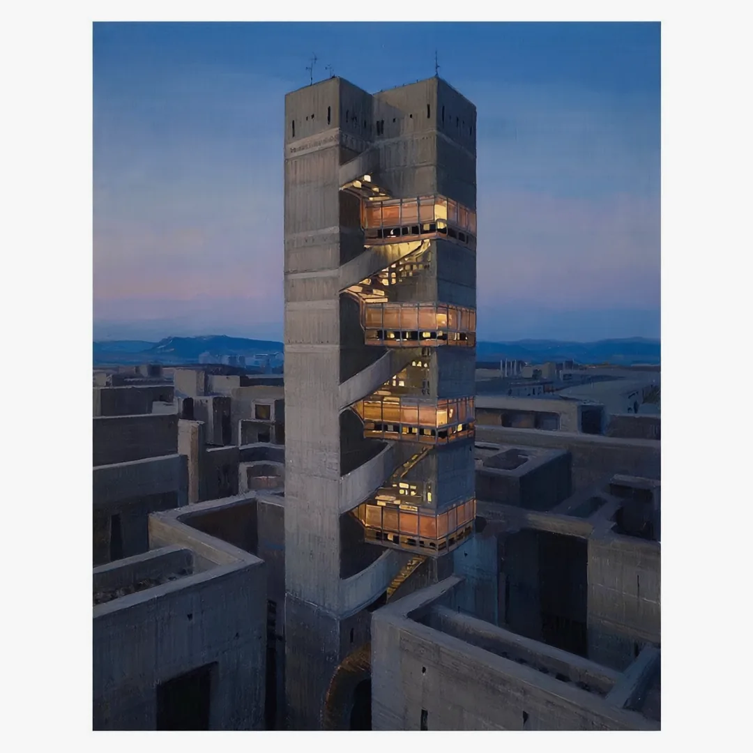 Modern high-rise tower with warmly lit windows against a pale city skyline