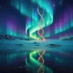 Aurora borealis over mountains with a glowing DNA helix rising in the sky