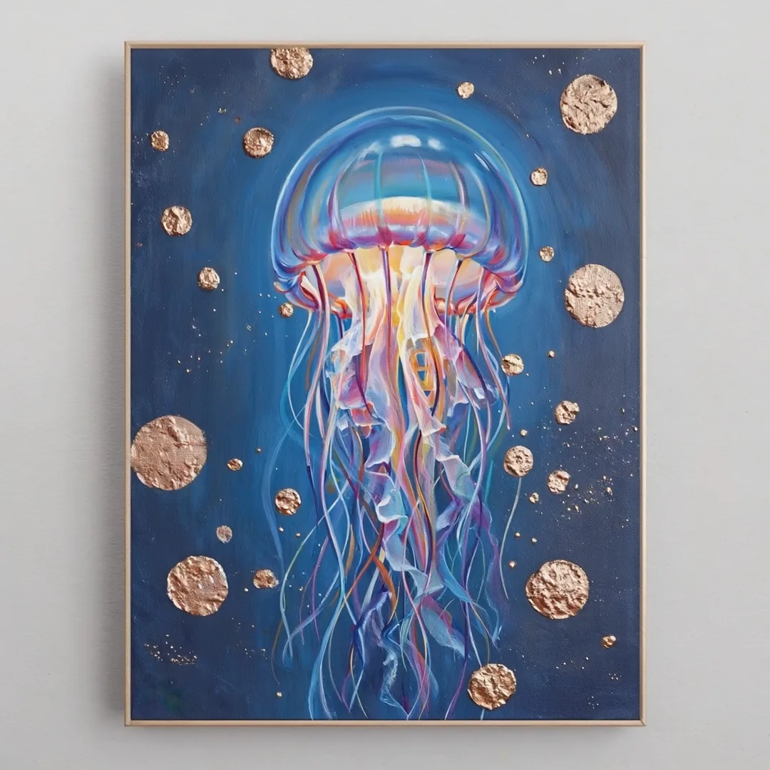 Painted pink and purple jellyfish with copper circles on a deep blue background