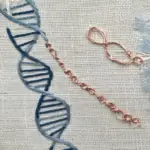 Close-up of a blue embroidered helix beside a copper chain stitched on linen canvas