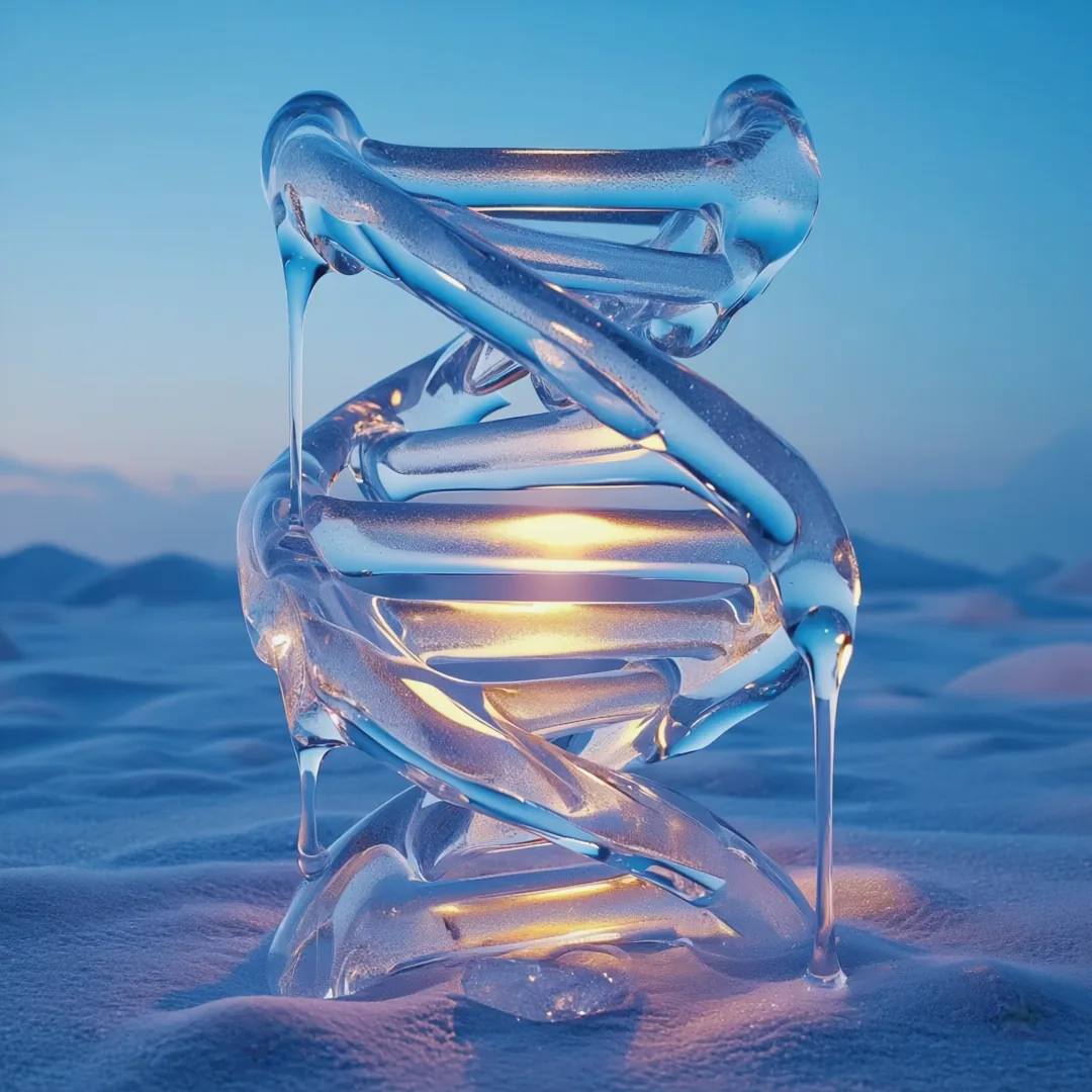 Twisted glass helix sculpture in icy blue with a warm inner glow resting on ice