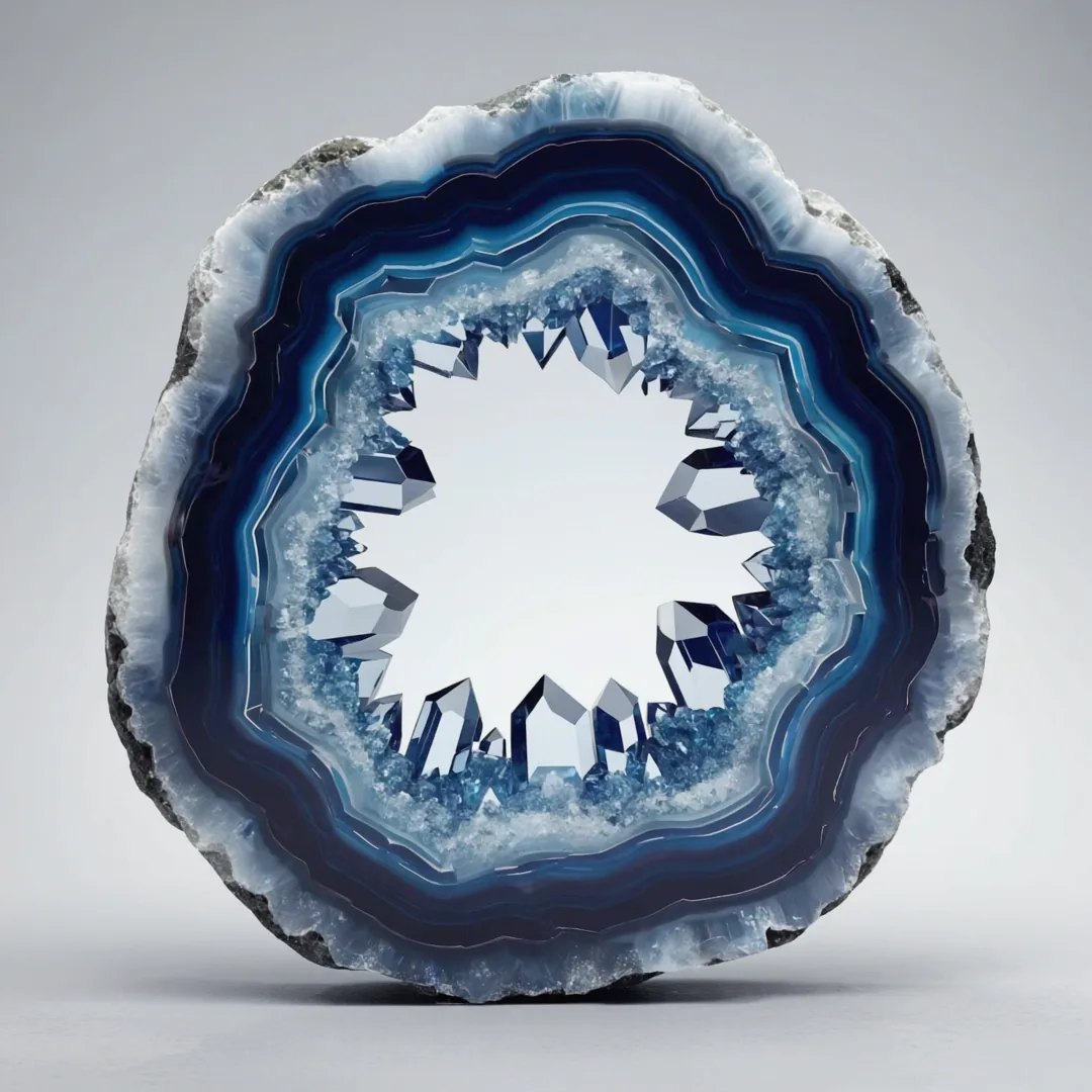 Cross-section of a blue and white agate geode with a jagged crystal cavity