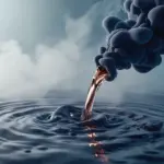 Copper-coloured liquid pouring into still water beside draped navy fabric