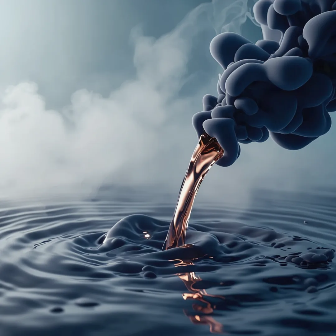 Copper-coloured liquid pouring into still water beside draped navy fabric