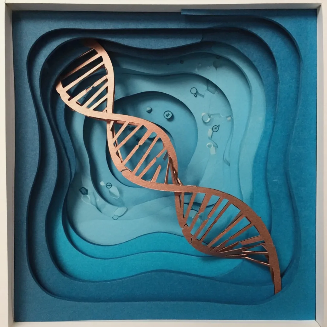 Layered teal paper waves with a copper DNA helix and scattered water droplets