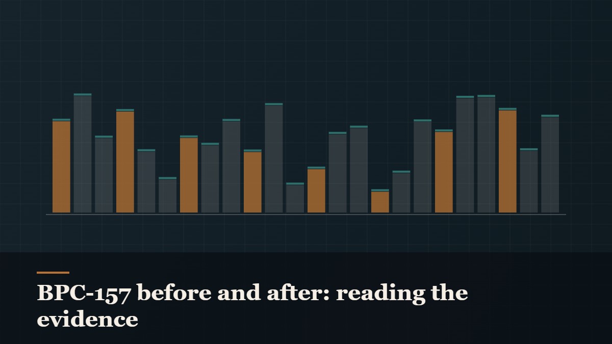Illustrated bar-graph style data graphic, captioned “BPC-157 before and after: reading the evidence”