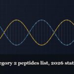 Illustrated double-helix diagram in copper and teal, captioned “FDA category 2 peptides list, 2026 status”