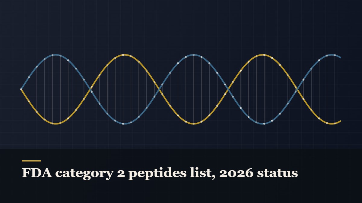 Illustrated double-helix diagram in copper and teal, captioned “FDA category 2 peptides list, 2026 status”