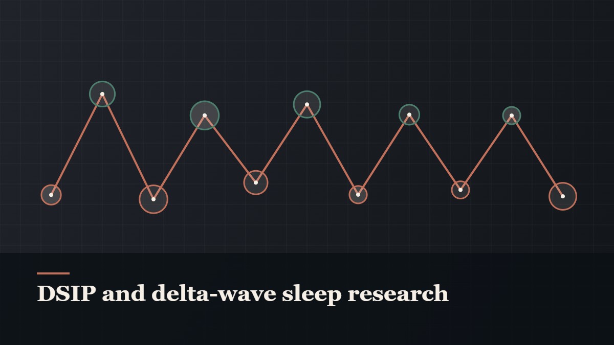 Illustrated chain of linked amino-acid nodes, captioned “DSIP and delta-wave sleep research”