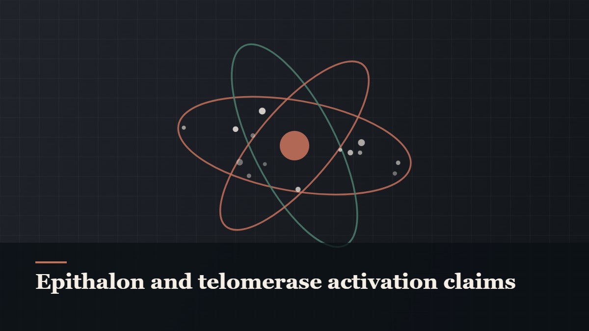 Illustrated molecular orbit diagram with concentric rings, captioned “Epithalon and telomerase activation claims”