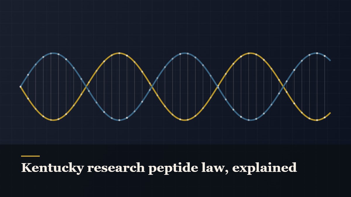 Illustrated double-helix diagram in copper and teal, captioned “Kentucky research peptide law, explained”