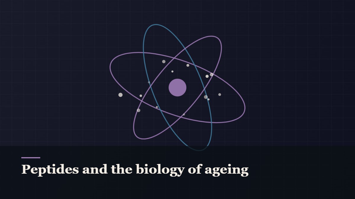 Illustrated molecular orbit diagram with concentric rings, captioned “Peptides and the biology of ageing”