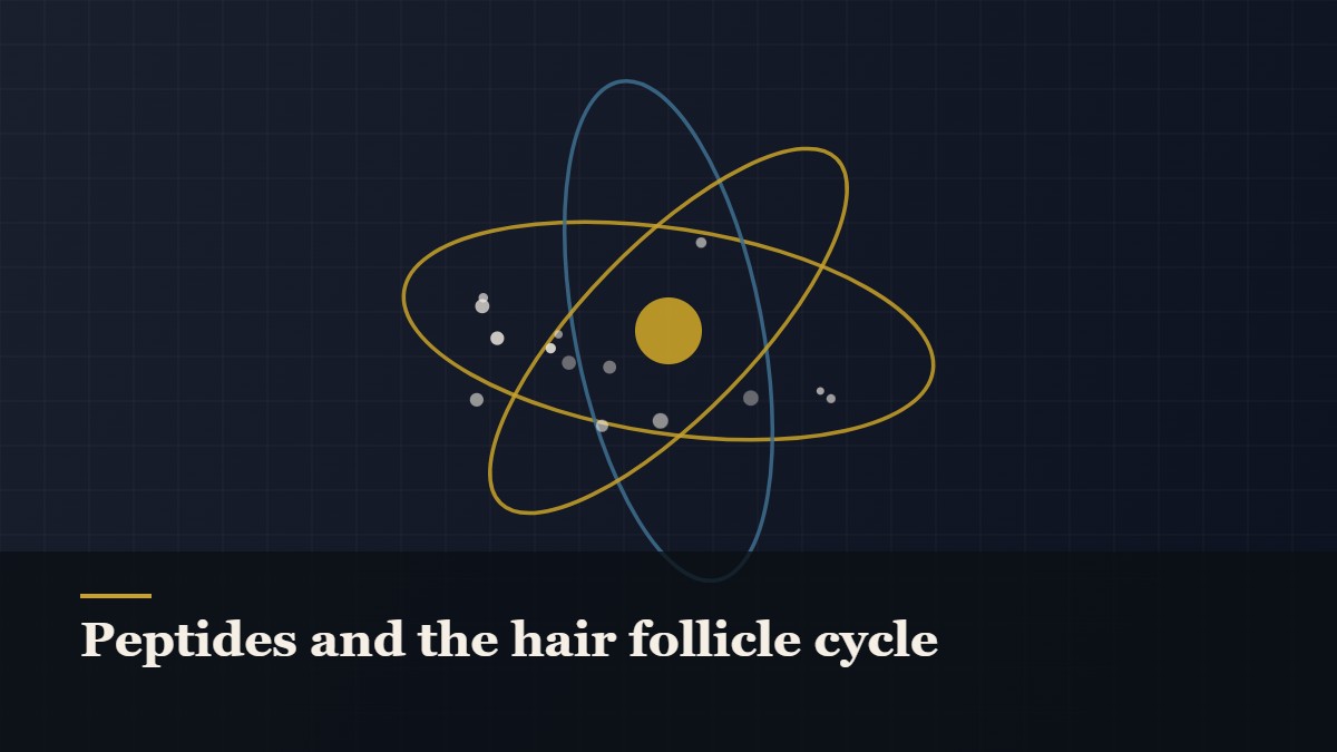 Illustrated molecular orbit diagram with concentric rings, captioned “Peptides and the hair follicle cycle”
