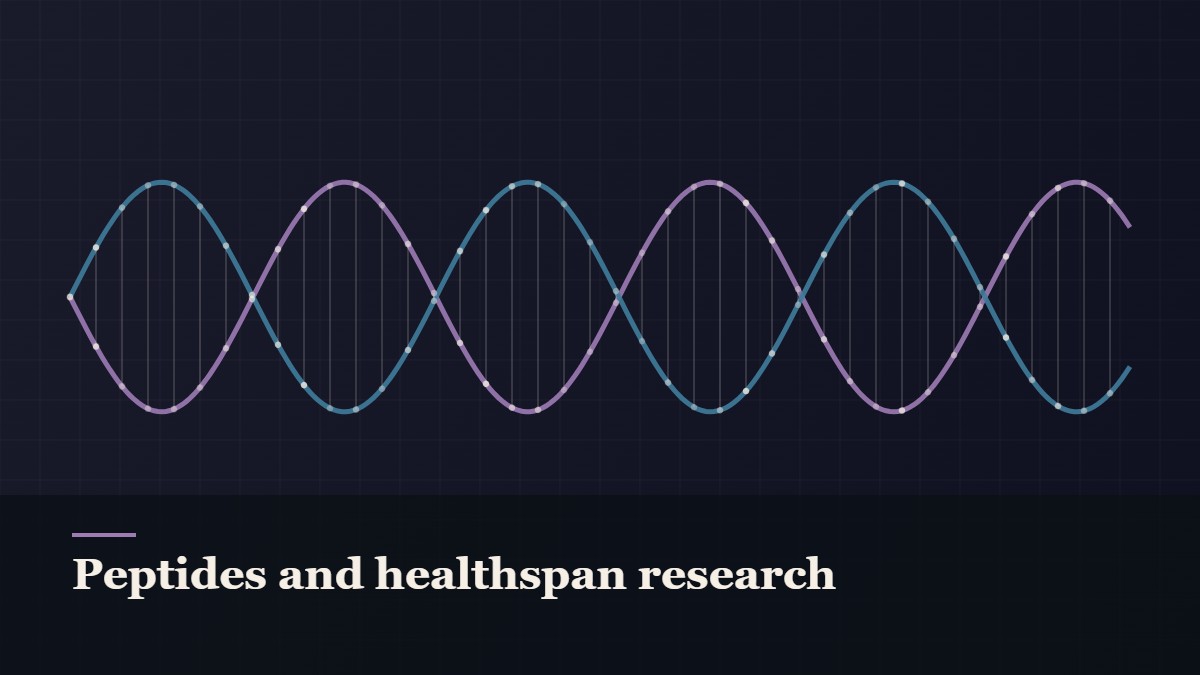 Illustrated double-helix diagram in copper and teal, captioned “Peptides and healthspan research”