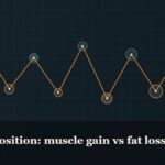 Illustrated chain of linked amino-acid nodes, captioned “Recomposition: muscle gain vs fat loss”