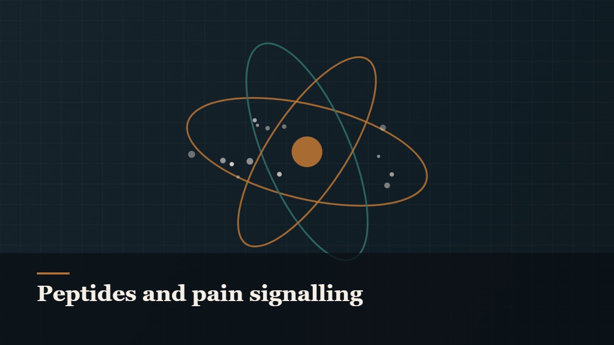 Illustrated molecular orbit diagram with concentric rings, captioned “Peptides and pain signalling”