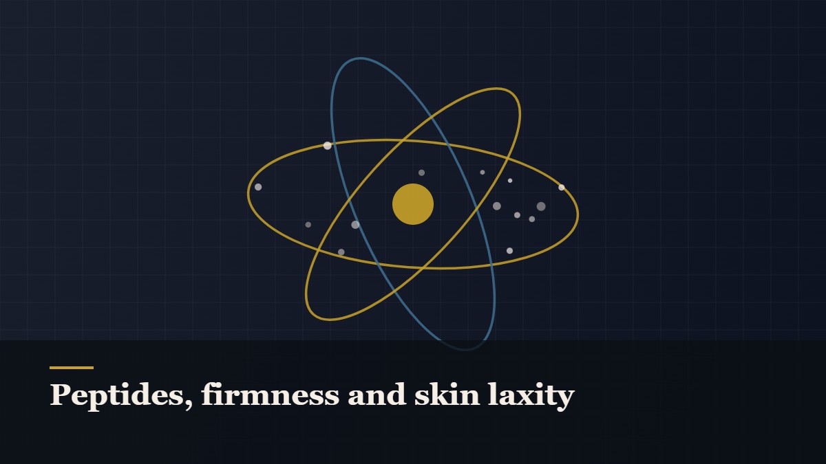 Illustrated molecular orbit diagram with concentric rings, captioned “Peptides, firmness and skin laxity”