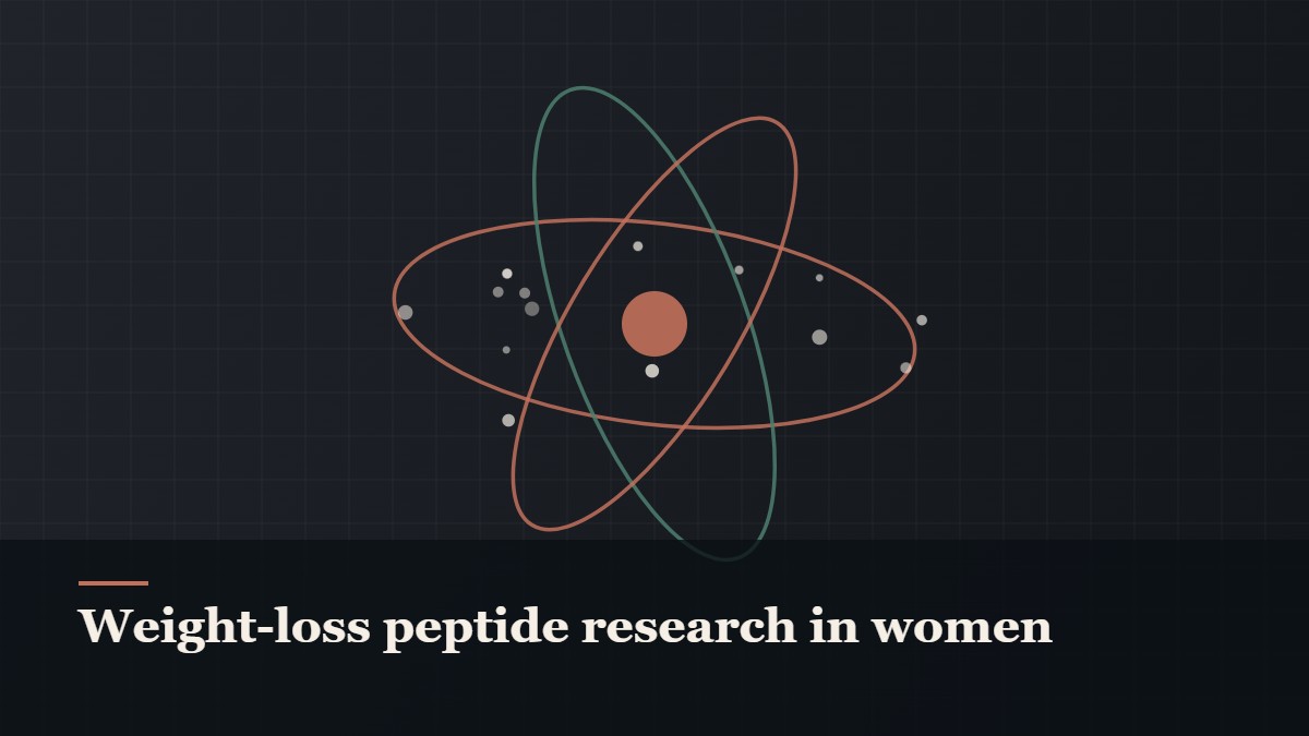 Illustrated molecular orbit diagram with concentric rings, captioned “Weight-loss peptide research in women”