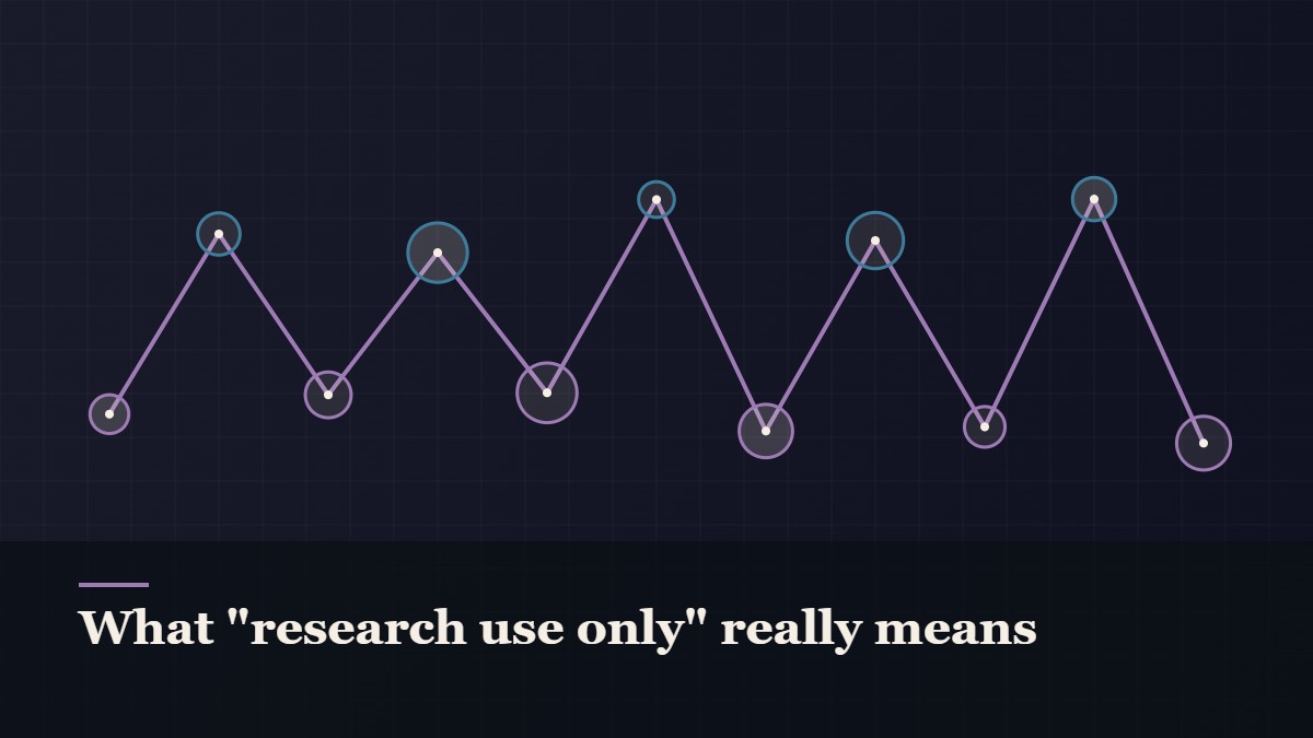 Illustrated chain of linked amino-acid nodes, captioned “What "research use only" really means”