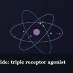 Illustrated molecular orbit diagram with concentric rings, captioned “Retatrutide: triple receptor agonist”