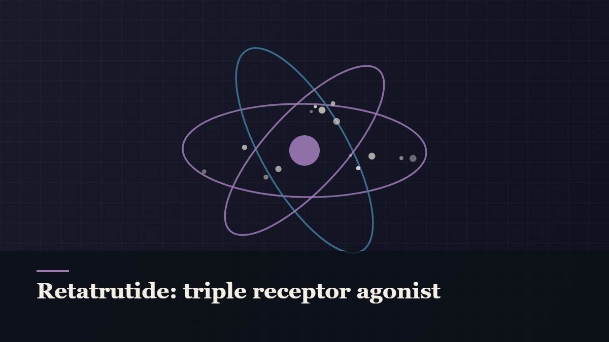 Illustrated molecular orbit diagram with concentric rings, captioned “Retatrutide: triple receptor agonist”