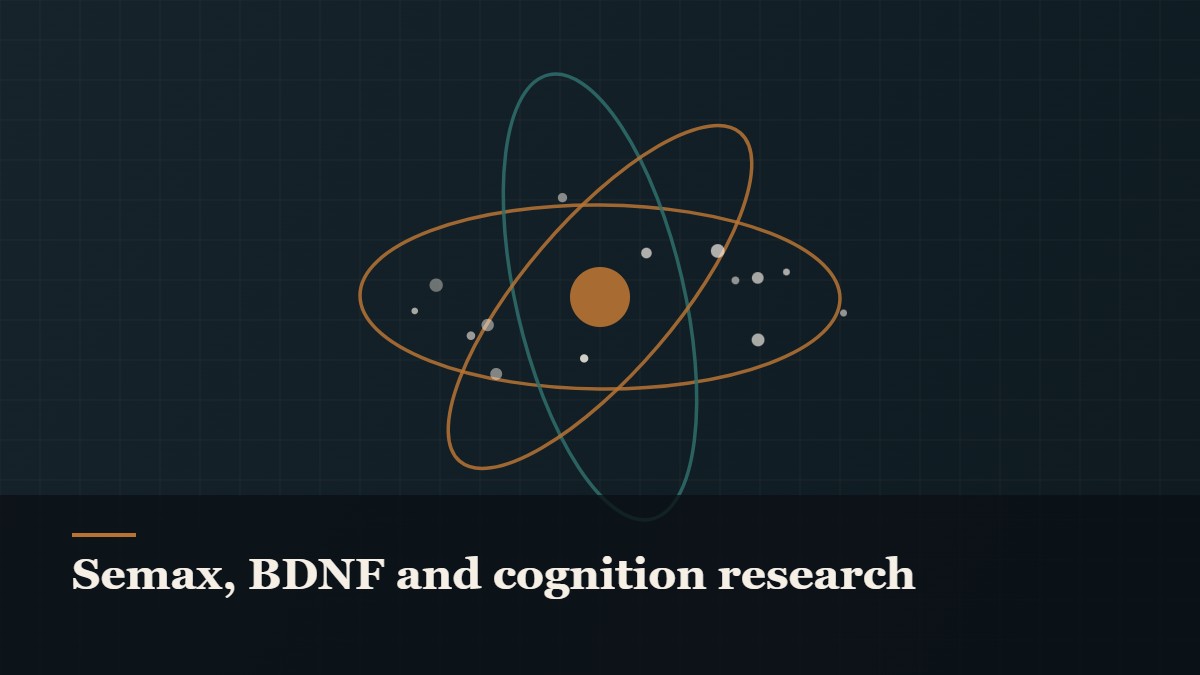Illustrated molecular orbit diagram with concentric rings, captioned “Semax, BDNF and cognition research”