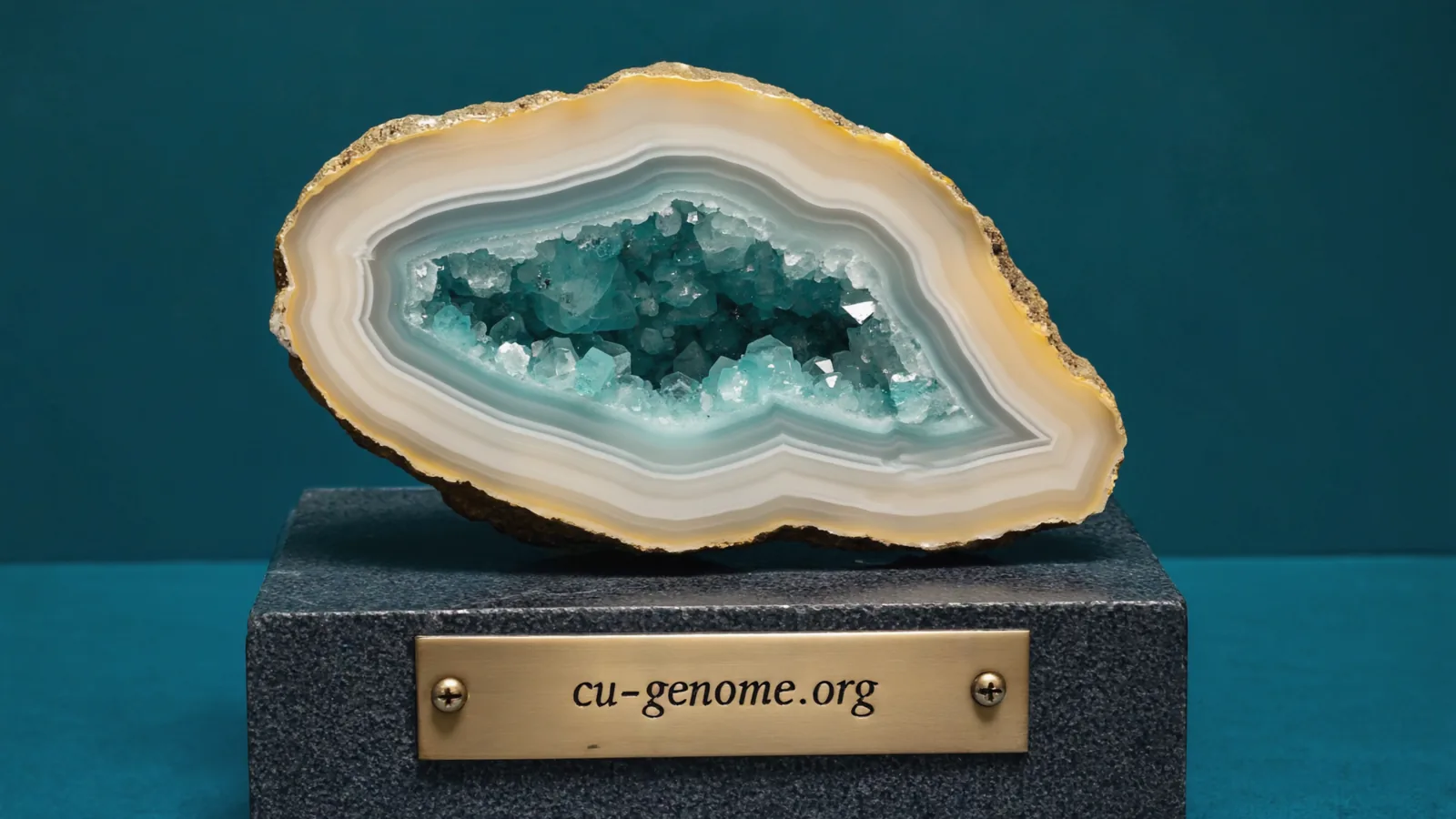 Teal geode slice mounted on a dark plinth with an engraved brass plaque