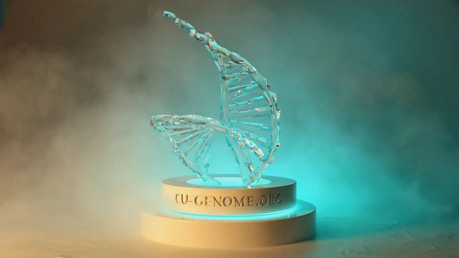 Glowing teal glass DNA helix sculpture on a wooden base surrounded by cold mist