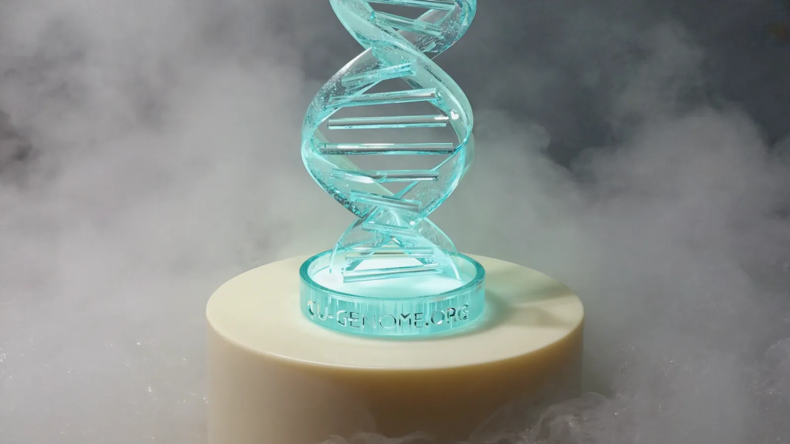 Frosted glass sphere containing a teal helix resting on a pedestal in mist