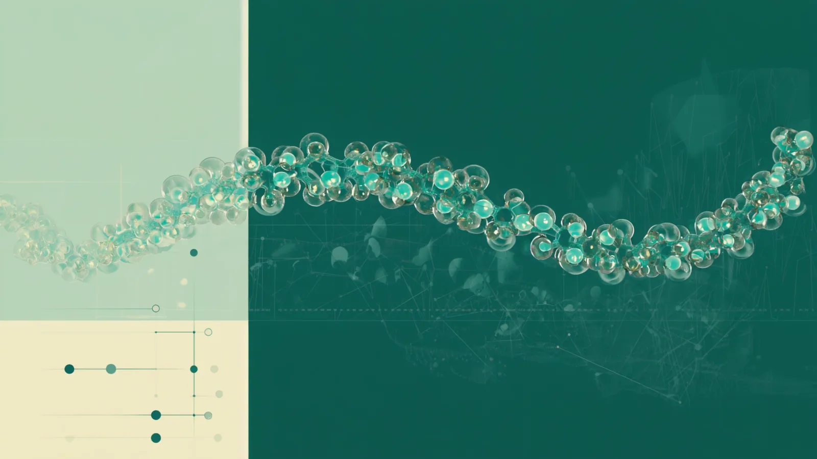 Flat green banner graphic with a beaded teal peptide chain curving across it