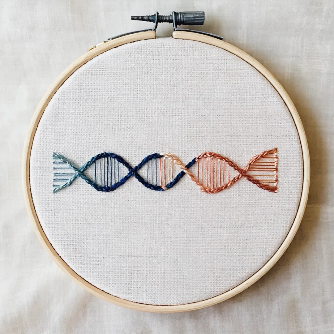Double helix embroidered in blue and copper thread on linen in a wooden hoop