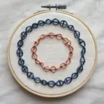 Circular copper chain embroidered inside navy helix strands on linen in a hoop