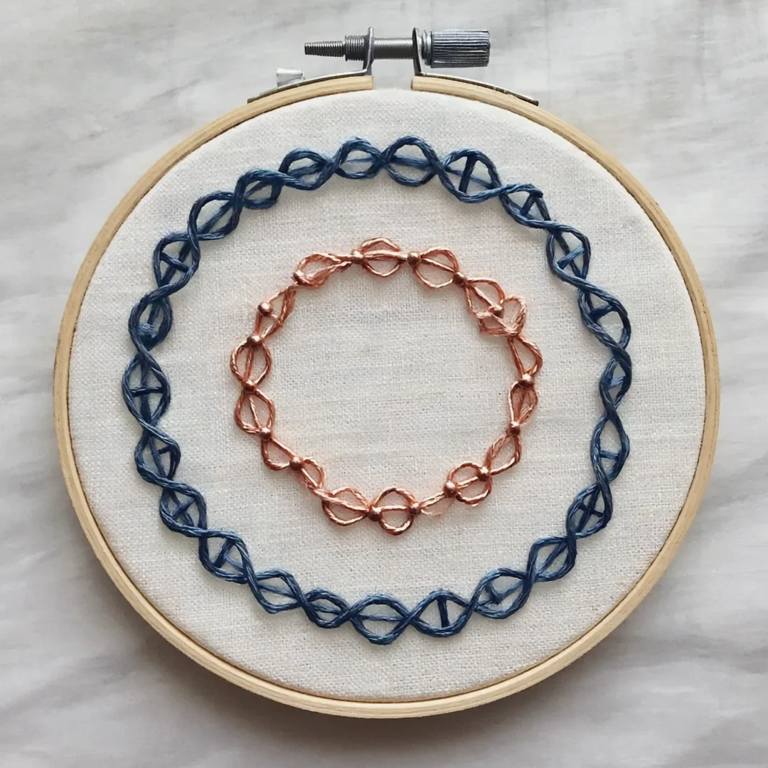 Circular copper chain embroidered inside navy helix strands on linen in a hoop
