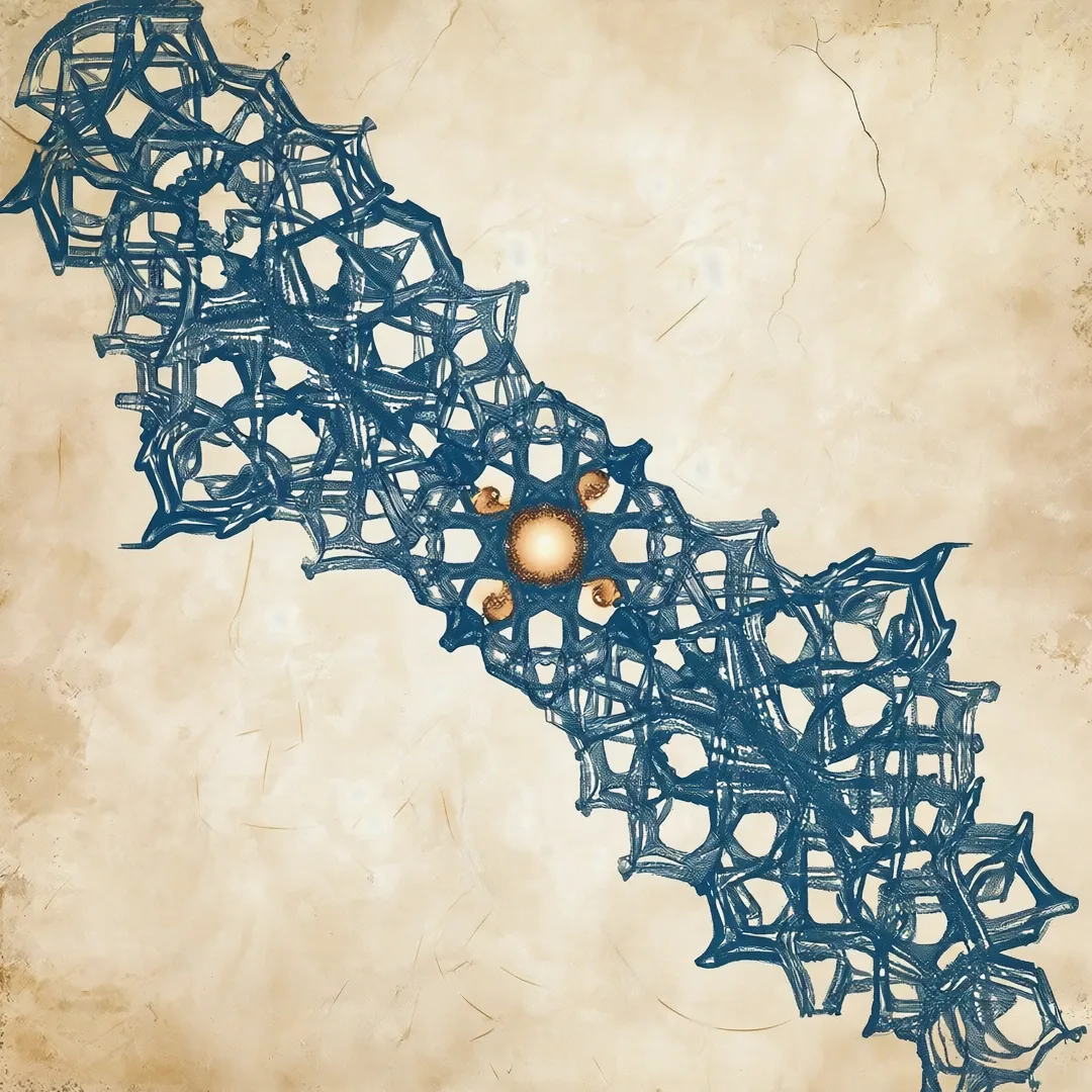 Navy lace-like molecular net with copper beads on aged parchment